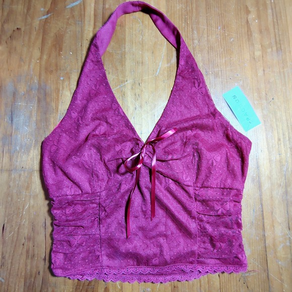 Pacsun Red Lace Halter Top Ribbon Tie Ruched Y2K Party Festival Small - Picture 1 of 7